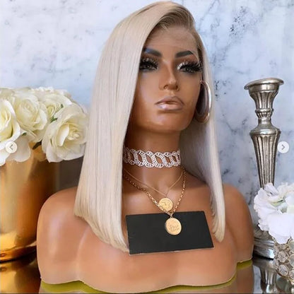 Dusky ash blonde ombre 13x4 HD lace front wig with silky straight European virgin hair displayed on mannequin from side left angle showing dark ash blonde color transition