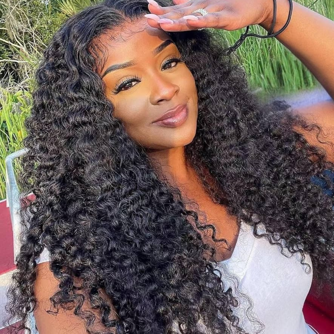 13x4 Natural Curly HD Lace Front Wig on woman model displaying premium Burmese human hair, realistic scalp and lace construction