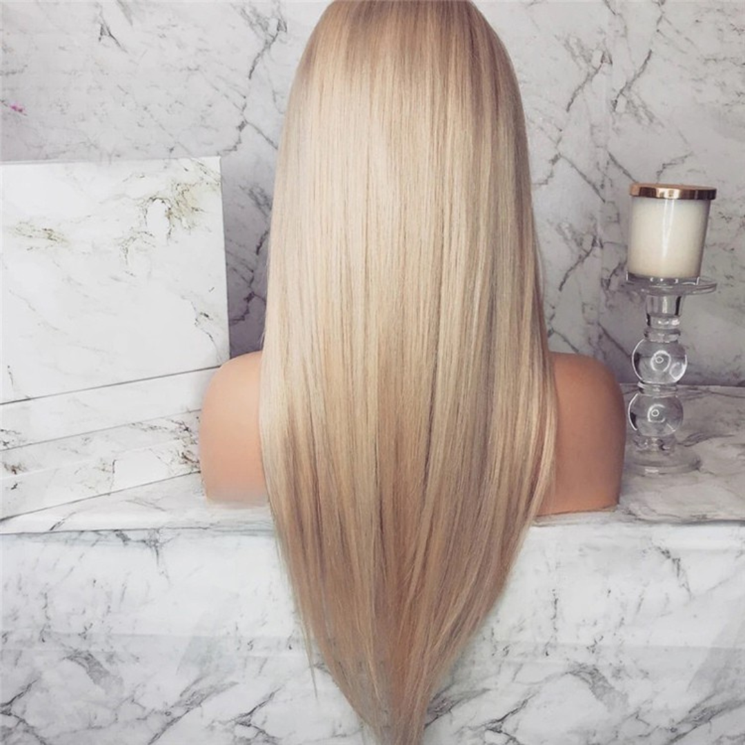 Full length back view of premium ash infused blonde 13x4 lace front European human hair wig with silky straight texture on mannequin head showing complete length and cool blonde finish