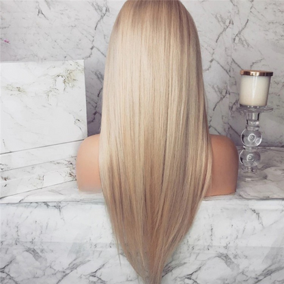 Full length back view of premium ash infused blonde 13x4 lace front European human hair wig with silky straight texture on mannequin head showing complete length and cool blonde finish