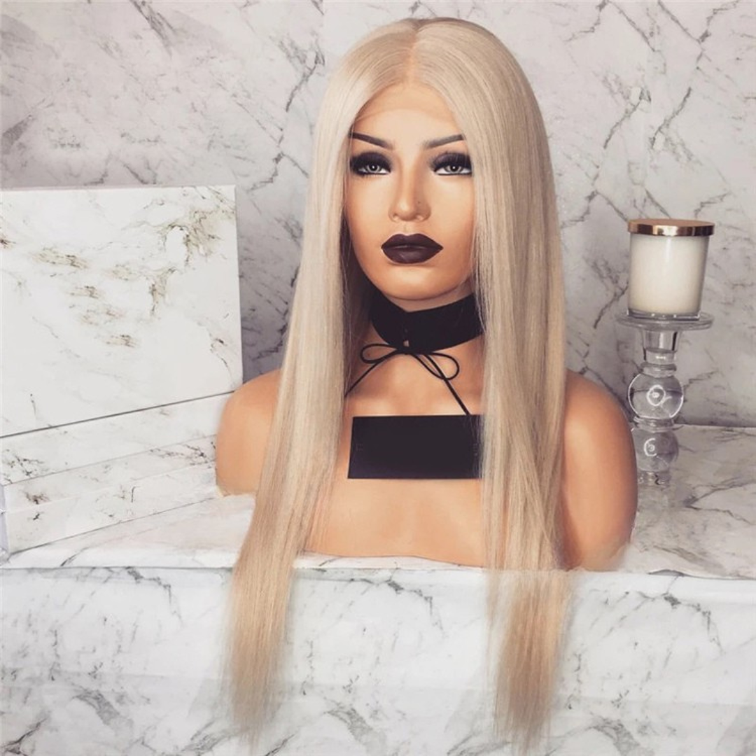 Full length angle view of premium ash infused blonde 13x4 lace front European human hair wig with silky straight texture styled in straight style on mannequin head showing complete length and cool blonde finish