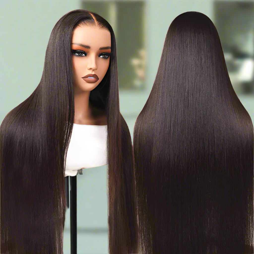 Front and back views of a mannequin wearing NuHaire's Double drawn straight wig with a pre-plucked, pre-bleached hairline. The wig features a natural black color, full volume from root to tip, and skin-melt  lace.