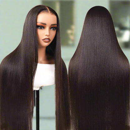 Front and back views of a mannequin wearing NuHaire's Double drawn straight wig with a pre-plucked, pre-bleached hairline. The wig features a natural black color, full volume from root to tip, and skin-melt  lace.