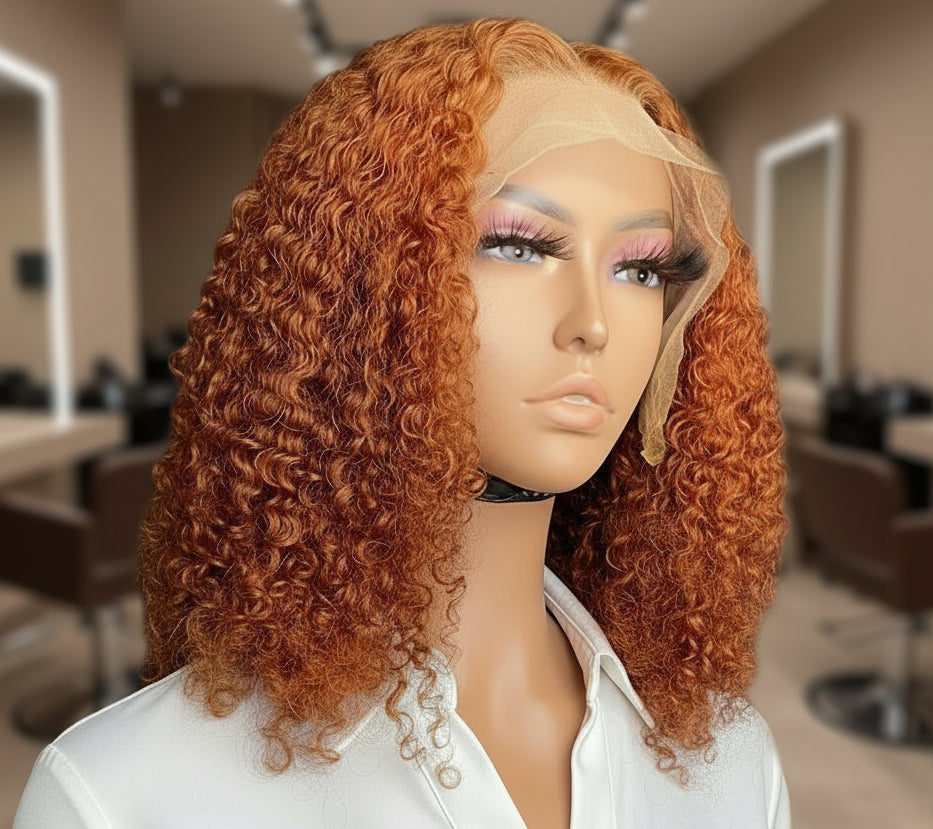 Mannequin head displalying NuHaire's Ginger Curly Bob, showcasing a flawless ginger #350 hair color, premium human hair quality, 13x4 lace front, natural hairline, and bouncy curly texture.