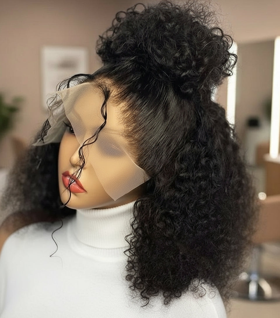 NuHaire Short Water Curl Lace Front Bob Wig on mannequin head showcasing natural black color, premium human hair quality, HD Transparent Lace, flowing water curl waves, styling Versatiliy, and natural hairline