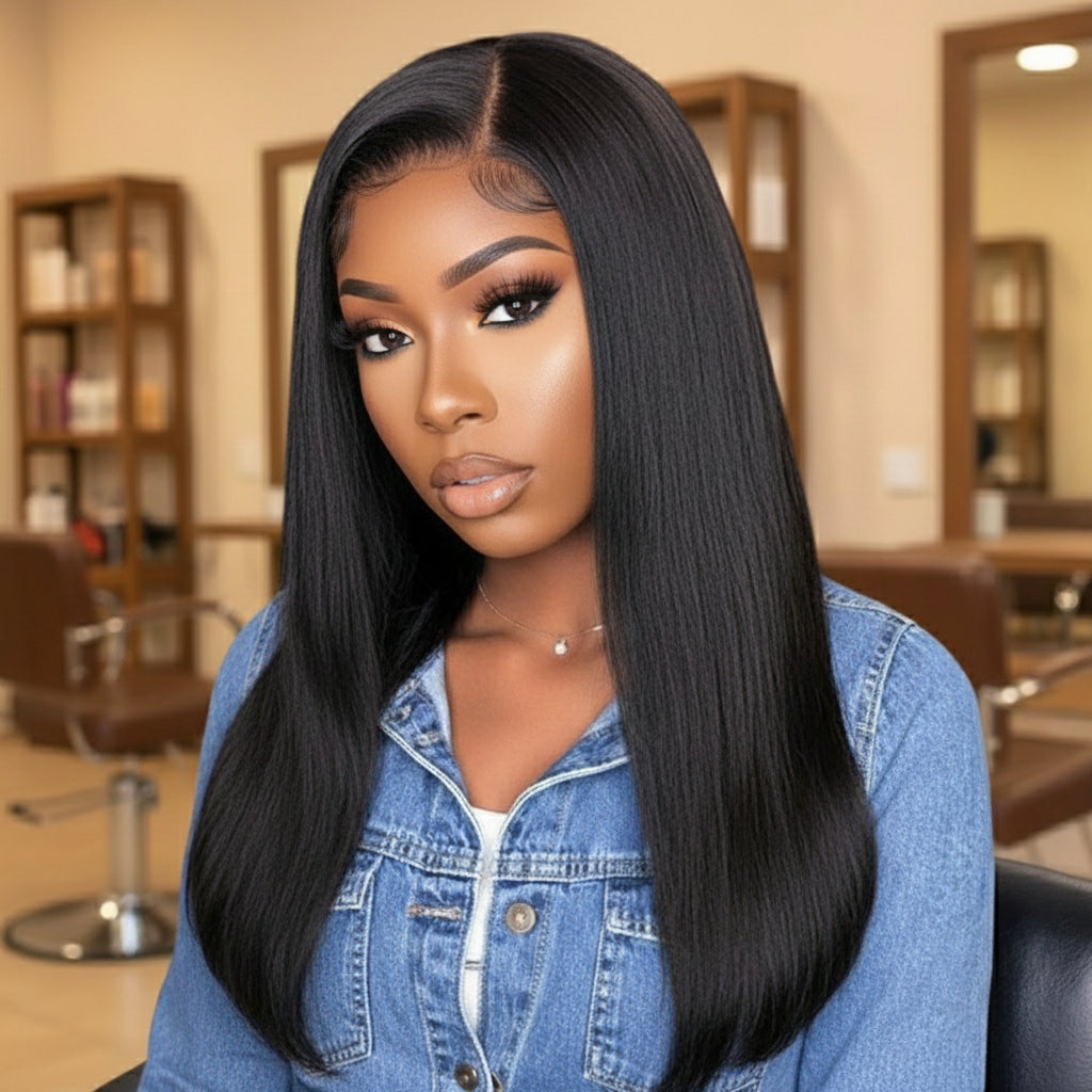 Female model wearing the NuHaire Straight 4x4 HD/Transparent Lace Closure Human Hair Wig, which features a natural black color, premium human hair quality, styling versatility, and a 4x4 lace closure for a natural-looking hairline.