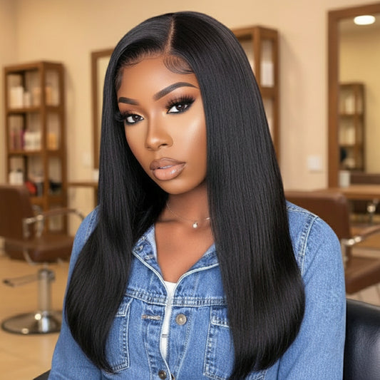 Female model wearing the NuHaire Straight 4x4 HD/Transparent Lace Closure Human Hair Wig, which features a natural black color, premium human hair quality, styling versatility, and a 4x4 lace closure for a natural-looking hairline.