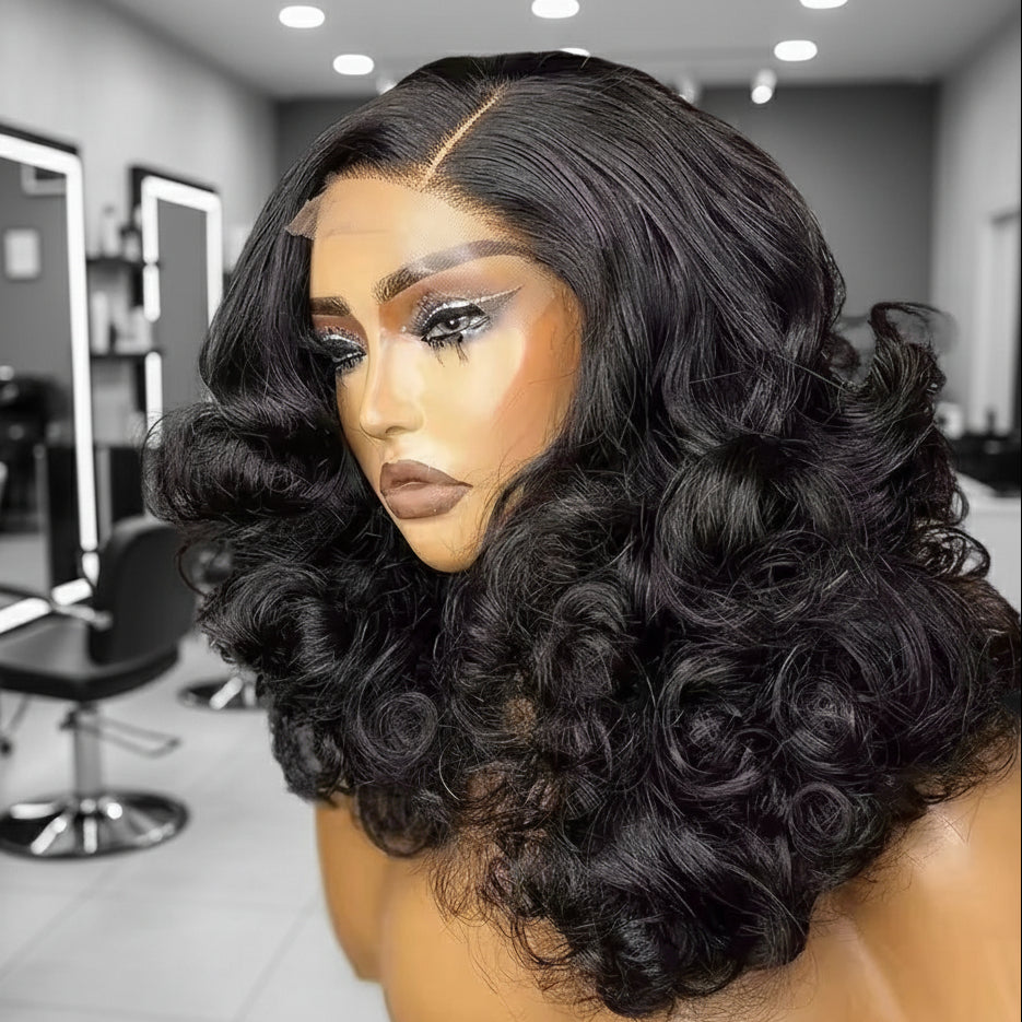 Combed out version of A NuHaire Thick 250 Density Bouncy Egg Curls Lace Front Human Hair Wig with transparent lace front featuring bouncy egg curls,  natural black color, and full volume from root to tip, displayed on a mannequin head.