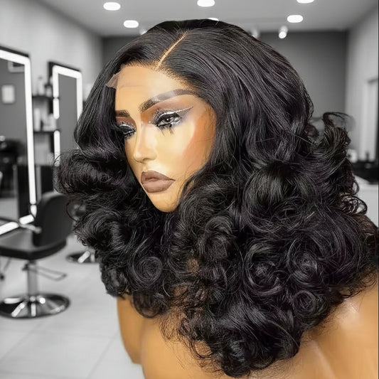 Combed out version of A NuHaire Thick 250 Density Bouncy Egg Curls Lace Front Human Hair Wig with transparent lace front featuring bouncy egg curls,  natural black color, and full volume from root to tip, displayed on a mannequin head.