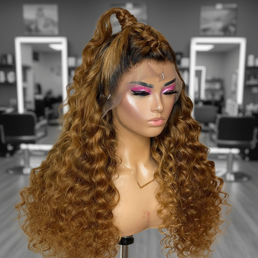 Mannequin head featuring a NuHaire Honey Blonde Ombre Deep Curly Human Hair Wig, showcasing rich honey blonde ombre, styling versatility, flowing deep curly wave texture, and skin melt thin 13x6 HD transparent lace.
