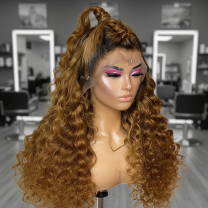 Mannequin head featuring a NuHaire Honey Blonde Ombre Deep Curly Human Hair Wig, showcasing rich honey blonde ombre, styling versatility, flowing deep curly wave texture, and skin melt thin 13x6 HD transparent lace.