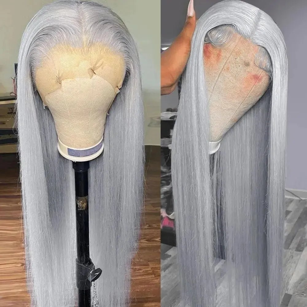 Straight High Density Silver Grey Lace Front Human Hair Wig