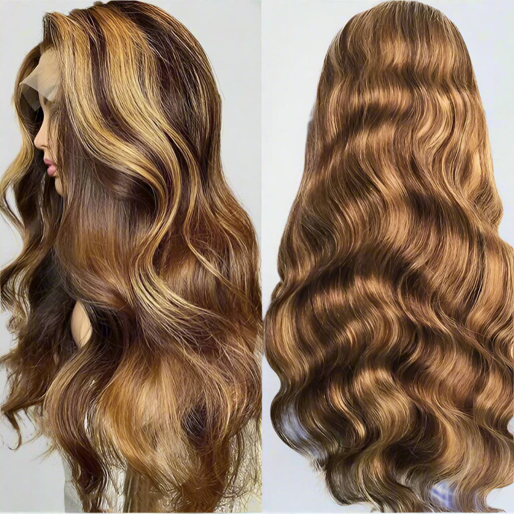 Two-part image - mannequin head wearing 4/27 honey blonde highlight body wave wig on left side and back view product display of 13x4 lace frontal wig on right showing highlighted blonde color