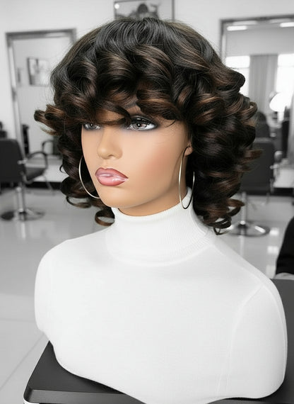 Alternate view of a Mannequin head showcases NuHaire's 1B/30 Auburn Highlight Bouncy Curly Bob Wig with Bangs, featuring a luxurious auburn highlight, bouncy curly texture, glueless install with bangs, and premium human hair.