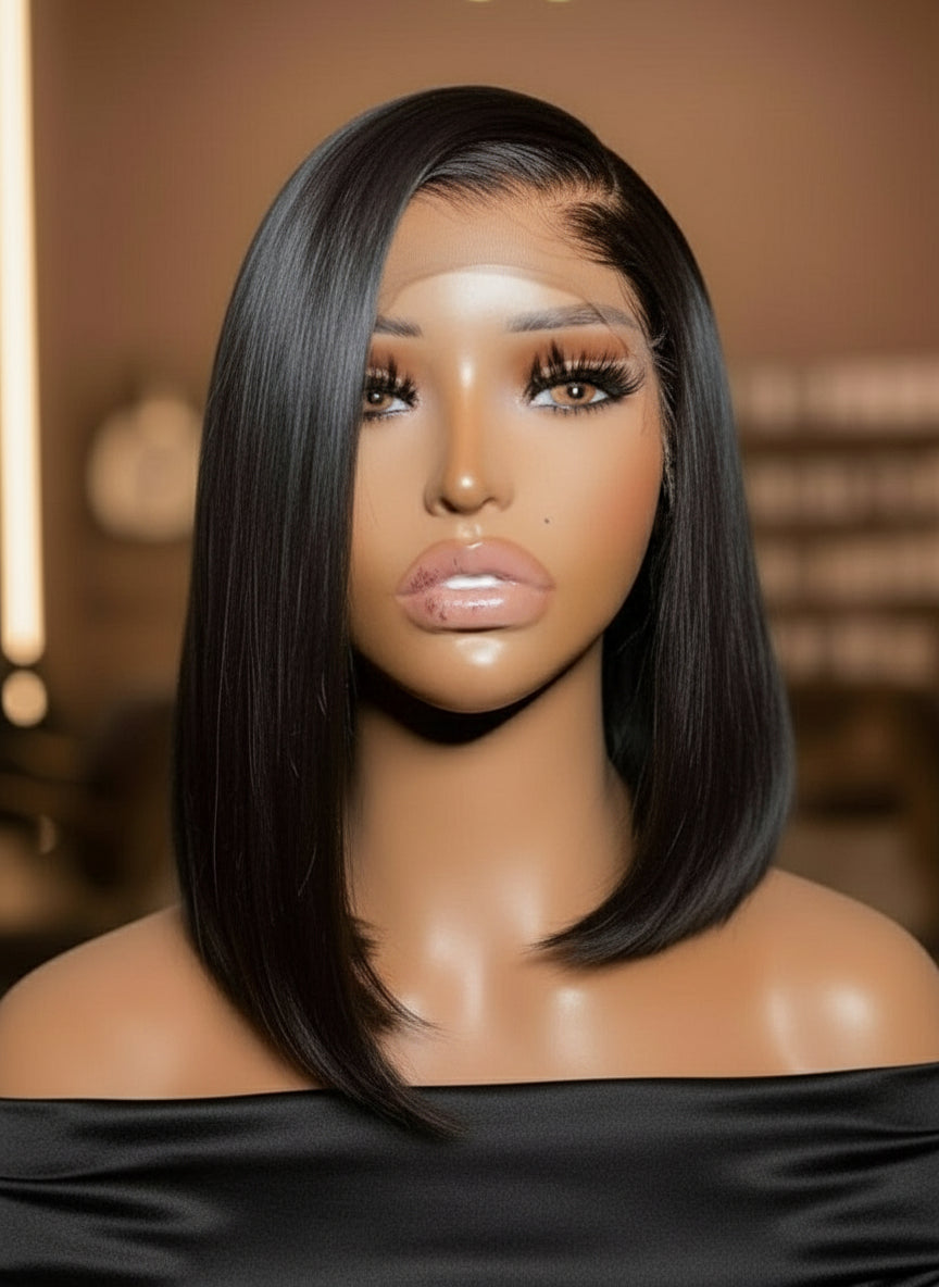 Front view of a Mannequin head displaying a NuHaire Short Straight Angled Bob Wig features a natural black color, premium human hair quality, HD transparent lace front, silky straight texture, and a natural hairline.