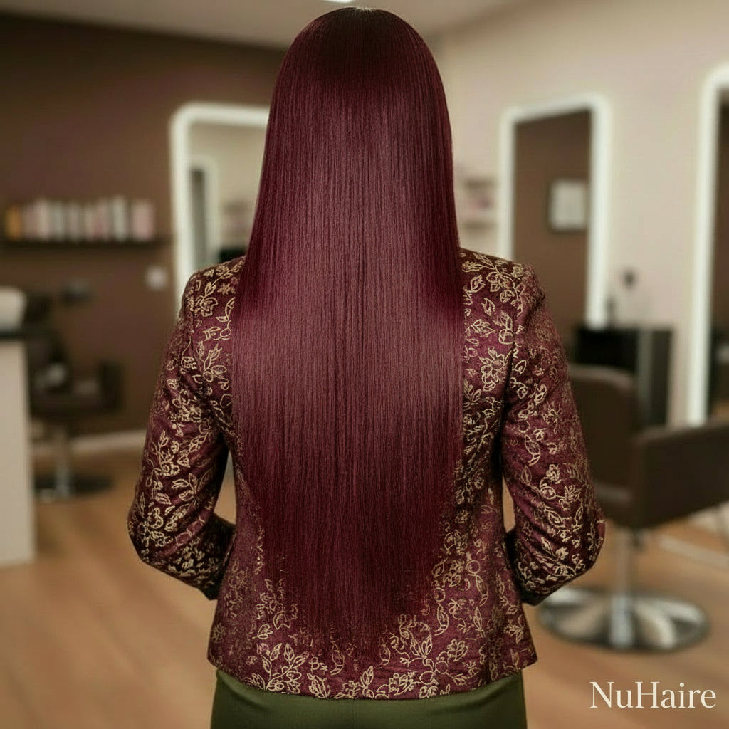 Back view of A model is showcasing a straight burgundy wig that features a 13x4 lace front.