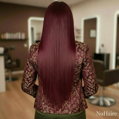 Back view of A model is showcasing a straight burgundy wig that features a 13x4 lace front.