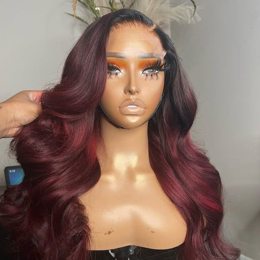 1B/99J burgundy ombre body wave wig with 13x4 transparent lace front displayed on mannequin head showing color transition and wave texture