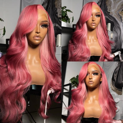 Collage of different angles of Mannequin head with NuHaire Raspberry pink balayage wig, showcasing pink body waves, premium European Human Hair Quality, 13x4 transparent lace front, and natural hairline in a room setting.