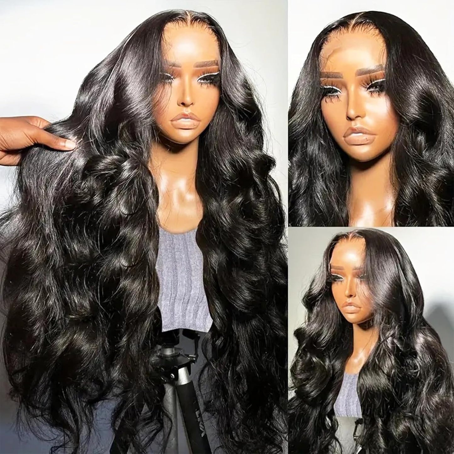 Two-part image of a 13x4 HD transparent lace front Brazilian human hair wig displayed on a mannequin head, showcasing a natural 180% density, rich black color, and body wave texture, along with close-up images of the natural hairline, realistic scalp, and styling versatility.
