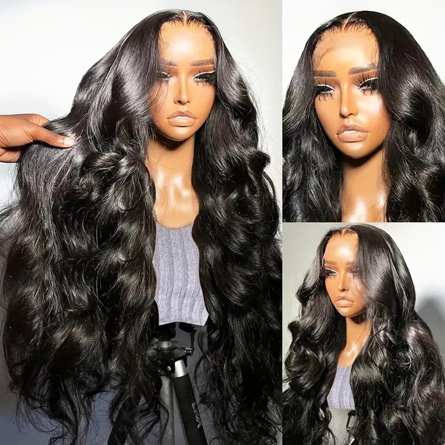 Two-part image of a 13x4 HD transparent lace front Brazilian human hair wig displayed on a mannequin head, showcasing a natural 180% density, rich black color, and body wave texture, along with close-up images of the natural hairline, realistic scalp, and styling versatility.