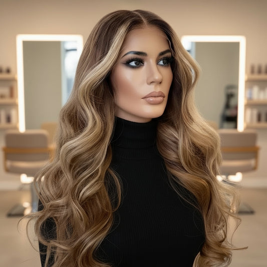 Mannequin head with NuHaire Golden Blonde Balayage Highlight Wig, showcasing dark blonde waves, flawless golden blonde balayage highlight, premium European Human Hair Quality, 13x4 transparent lace front, and natural hairline.