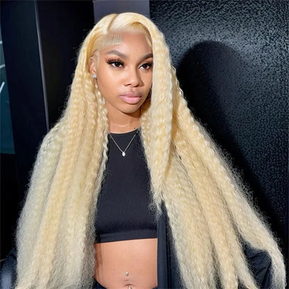 Model wearing 613 Blonde human hair wig showcasing deep wave texture, natural hairline, realistic scalp parting, and baby hair.