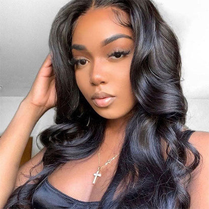 Up Close image of A woman wearing a beginner-friendly NuHaire body wave wig with 180% density, providing full volume from root to tip, along with a 6x4 HD glueless lace closure.