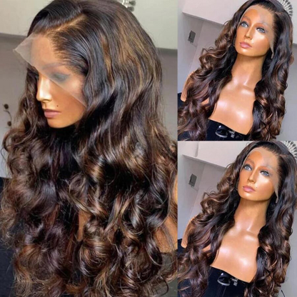 Blonde Highlight Chestnut Brown Body Wave Lace Front Human Hair Wig