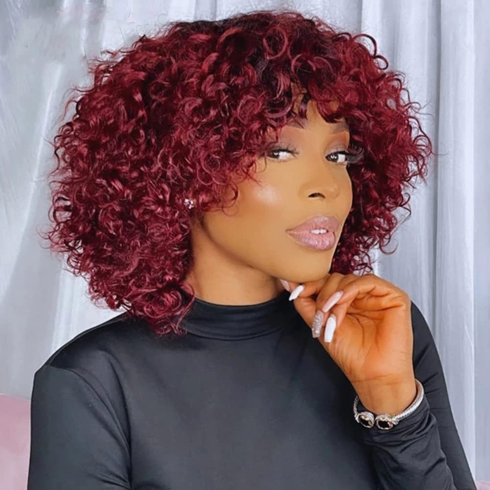 99J Burgundy Curly Wave Bob Wig With Bangs