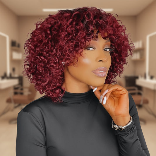 Different model with NuHaire's 99J Burgundy Curly Wave Bob Wig With Bangs, showcasing burgundy curly waves, premium Human Hair Quality, and glueless installation