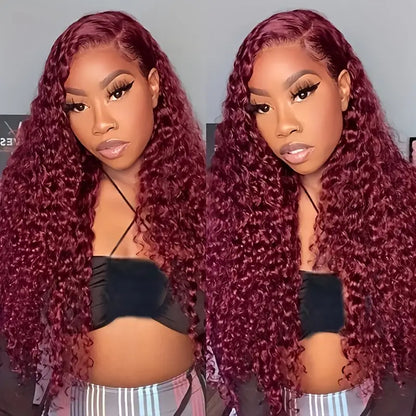 99J dark burgundy deep curly wig on model showcasing different styling angles and vibrant burgundy color with bouncy curls