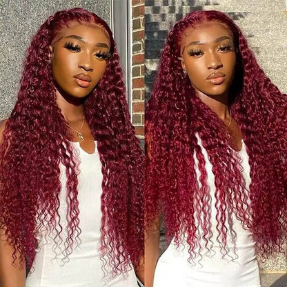 Model wearing 99J dark burgundy deep curly 13x6 transparent lace front wig shown from multiple angles, displaying rich burgundy color and natural curl pattern