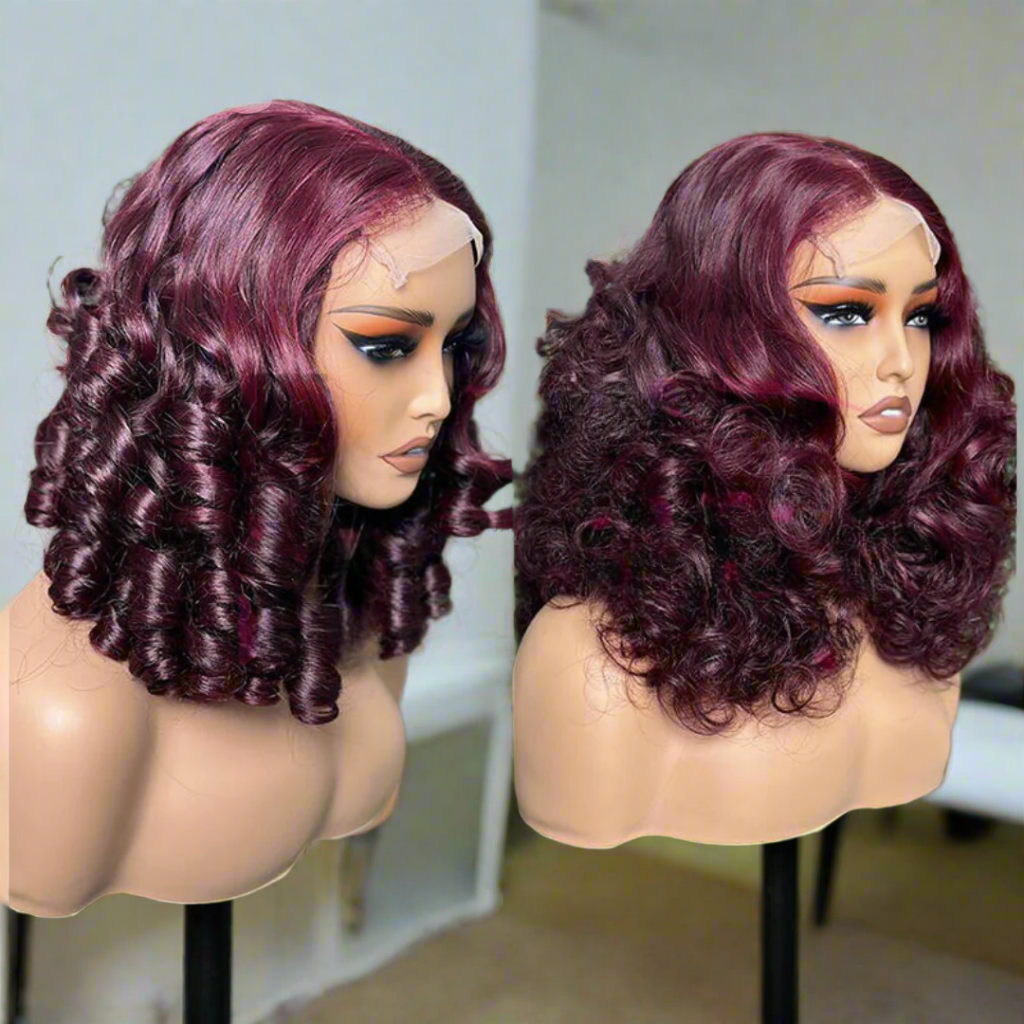 99J Burgundy Full Density Bouncy Egg Curly Lace Front Human Hair Wig