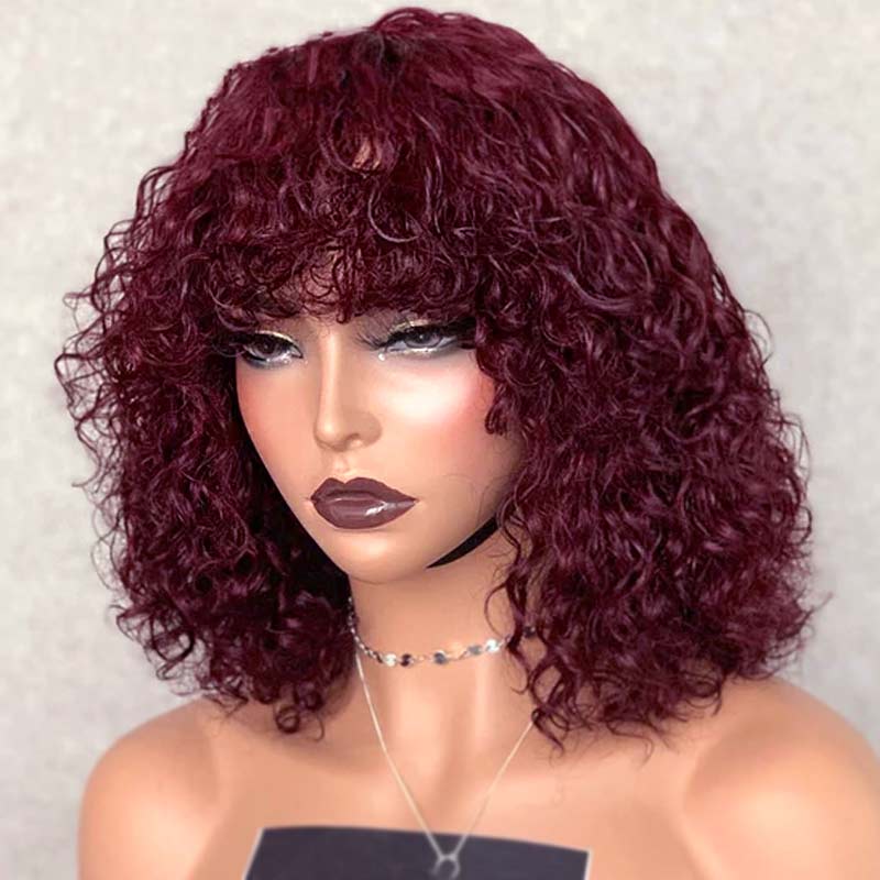 99J Burgundy Curly Wave Bob Wig With Bangs