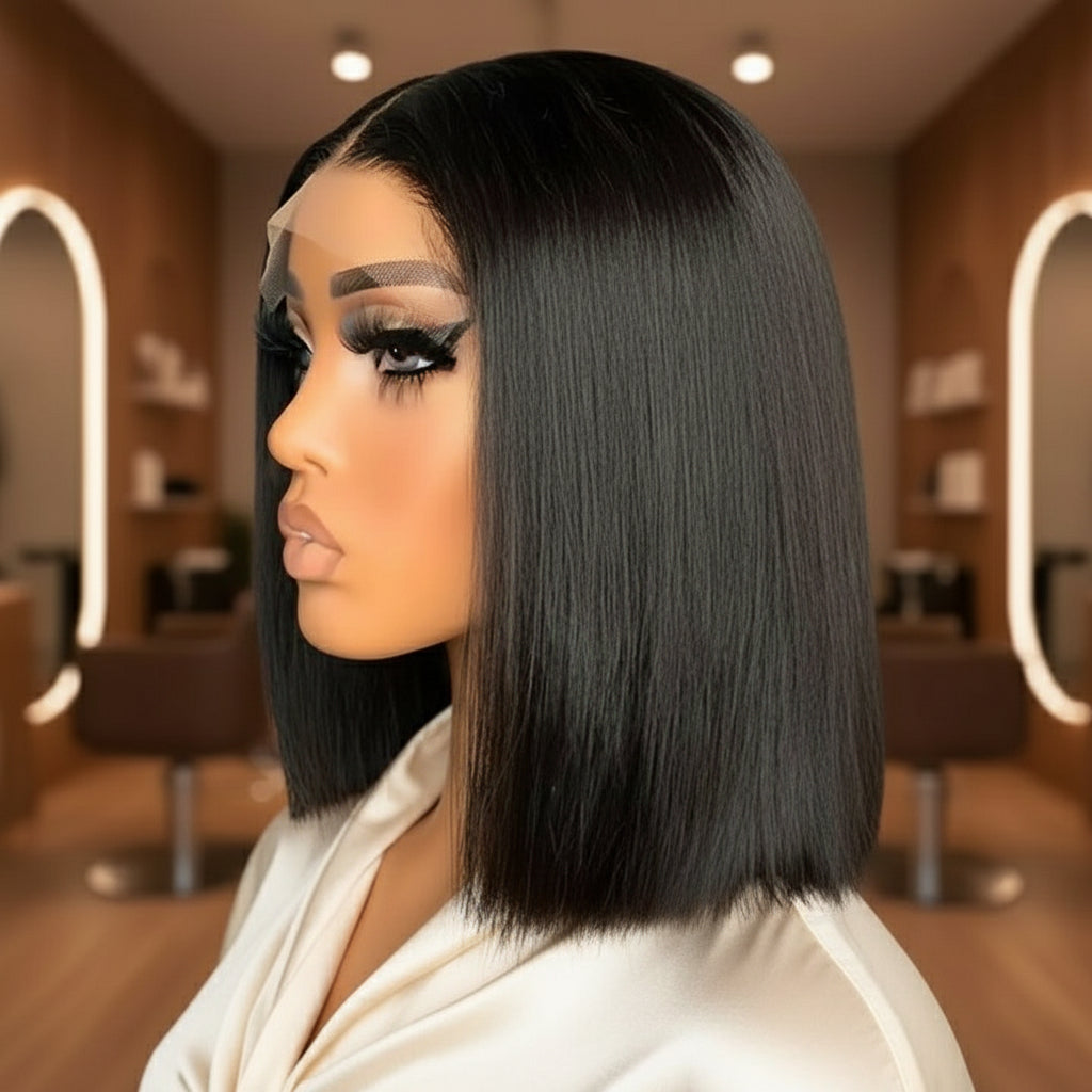 Side view of a mannequin head showcasing the NuHaire Straight Blunt Cut Lace Front Bob Wig, featuring a natural black color, premium human hair quality, a 13x4 transparent lace front, silky straight texture, double-drawn ends, and a natural hairline.