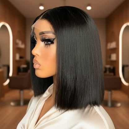 Side view of a mannequin head showcasing the NuHaire Straight Blunt Cut Lace Front Bob Wig, featuring a natural black color, premium human hair quality, a 13x4 transparent lace front, silky straight texture, double-drawn ends, and a natural hairline.