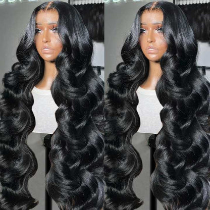 Two-part image of a 13x4 HD transparent lace front Brazilian human hair wig displayed on a mannequin head, showcasing a natural 180% density, rich black color, Brazilian body wave texture, natural hairline, realistic scalp, and styling versatility.
