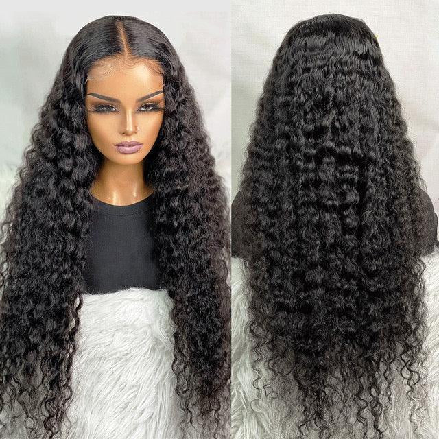 Two-part image of 5x5 Transparent lace closure human hair water wave wig displayed on a mannequin head showing a premium natural hairline, water wave texture, and a realistic scalp