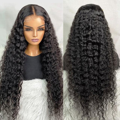 Two-part image of 5x5 Transparent lace closure human hair water wave wig displayed on a mannequin head showing a premium natural hairline, water wave texture, and a realistic scalp