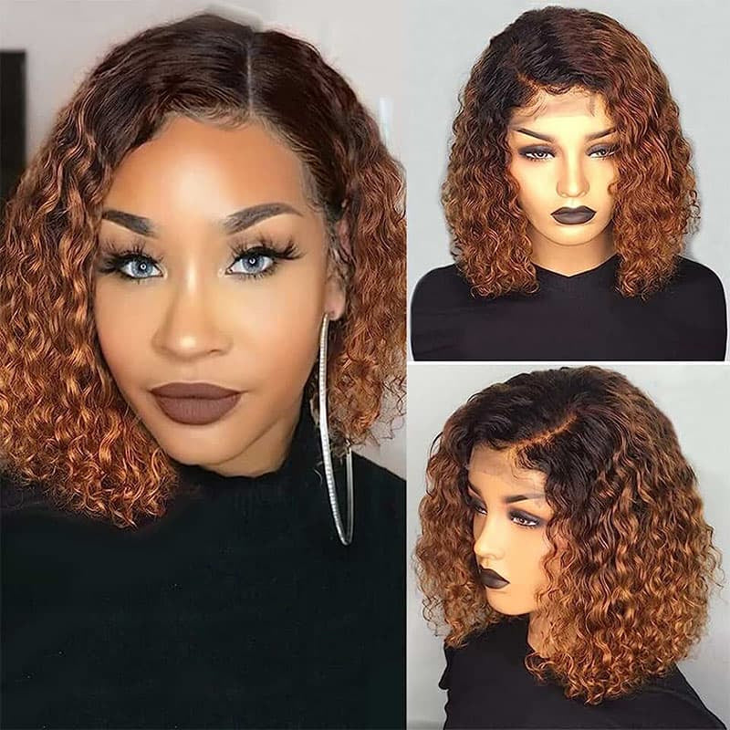 Two-part image - model wearing 1B/30 auburn ombre curly bob wig on left side and side/front view of 4x4/13x4 HD lace wig on right showing gradual ombre color transition
