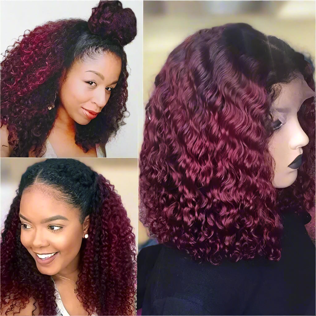 Collage of A burgundy ombre curly bob wig on a mannequin head and models, with close-up images showing the wig's texture and color progression from natural black to burgundy.