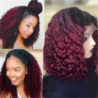 Collage of A burgundy ombre curly bob wig on a mannequin head and models, with close-up images showing the wig's texture and color progression from natural black to burgundy.