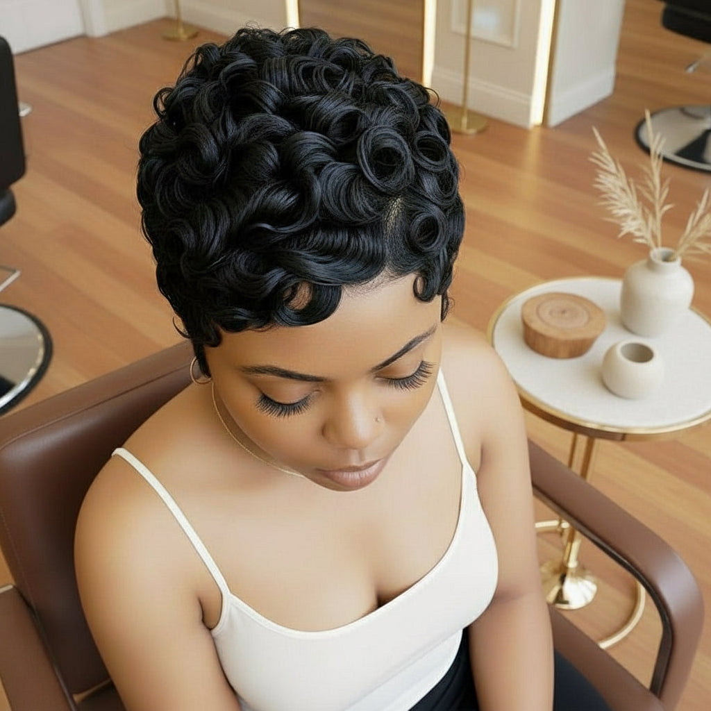 Model showcases NuHaire's Pixie Cut Finger Waves wig, featuring a natural black color, flowing finger wave texture, glueless installation, and premium human hair.