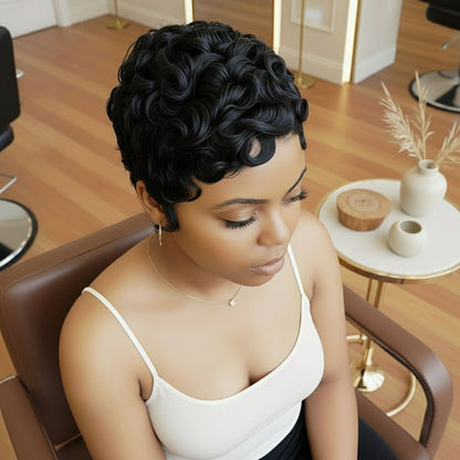 Side view of Model showcases NuHaire's Pixie Cut Finger Waves wig, featuring a natural black color, flowing finger wave texture, glueless installation, and premium human hair.