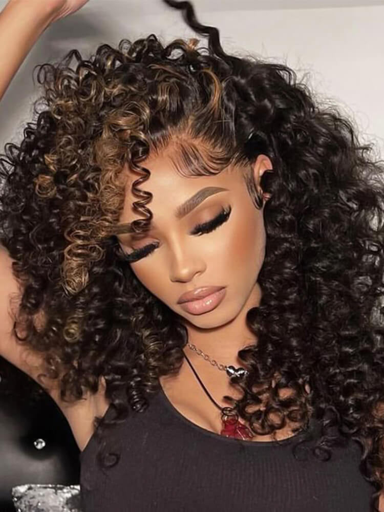 Close up shot of a Model showcasing NuHaire's Honey Blonde Skunk Stripe Burmese Spring Curly Wig, featuring a dark brown base with honey blonde skunk stripe highlights, bouncy spring curls, premium Burmese human hair, and a 13x4 HD transparent lace front.