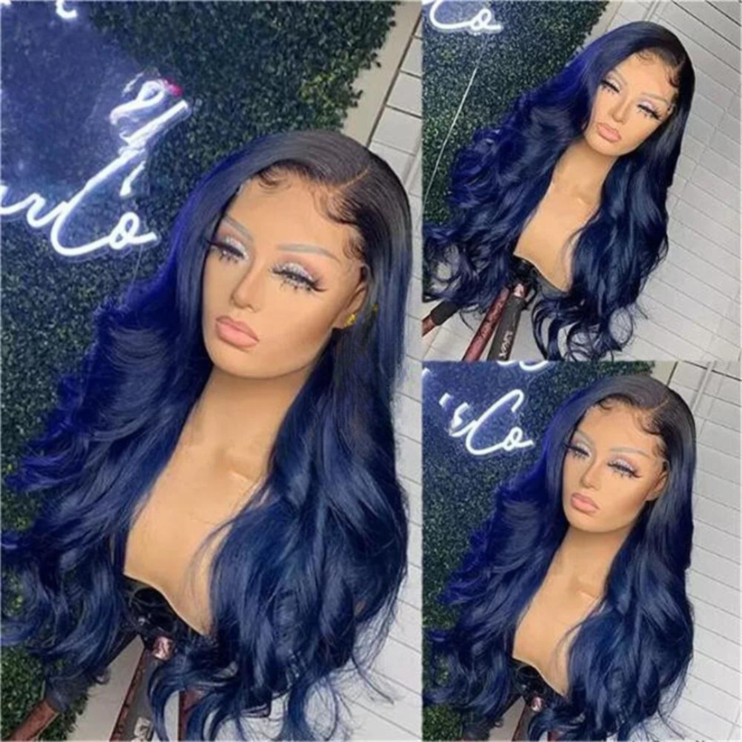 Long Length Denim Blue Side Part Body Wave Lace Front Human Hair Wig