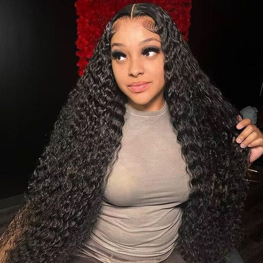 Deep wave human hair M-Cap wig on model showing natural wave texture and movement