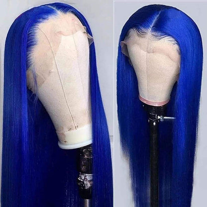 Side by side comparison of royal blue straight wig on model showing multiple angles and 13x4 lace front styling versatility