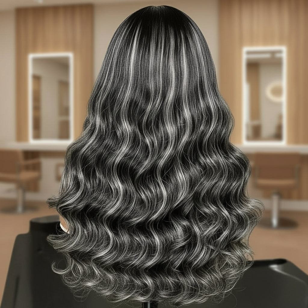 Mannequin head with long, wavy, gray and black wig in a blurred indoor setting